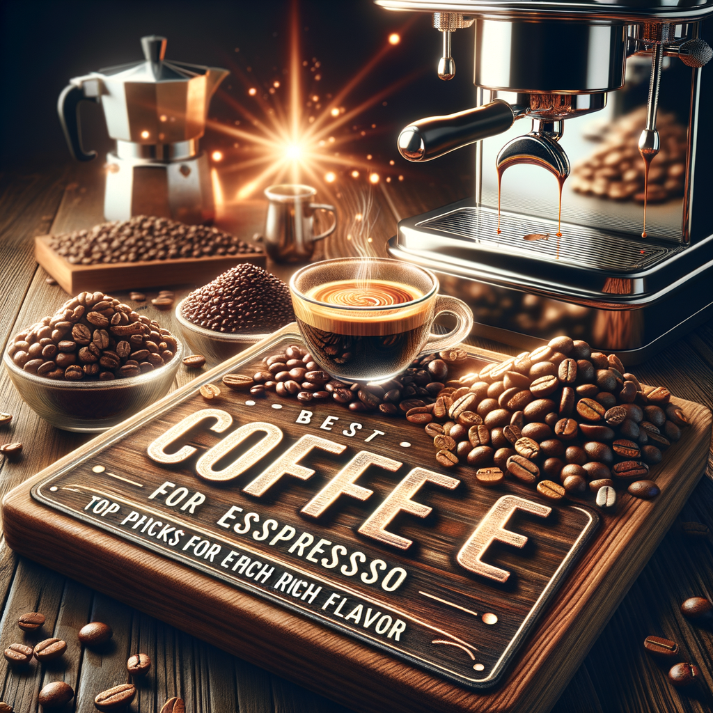 Close-up of espresso setup with coffee beans, cup of espresso, and brewing machine for rich flavor.