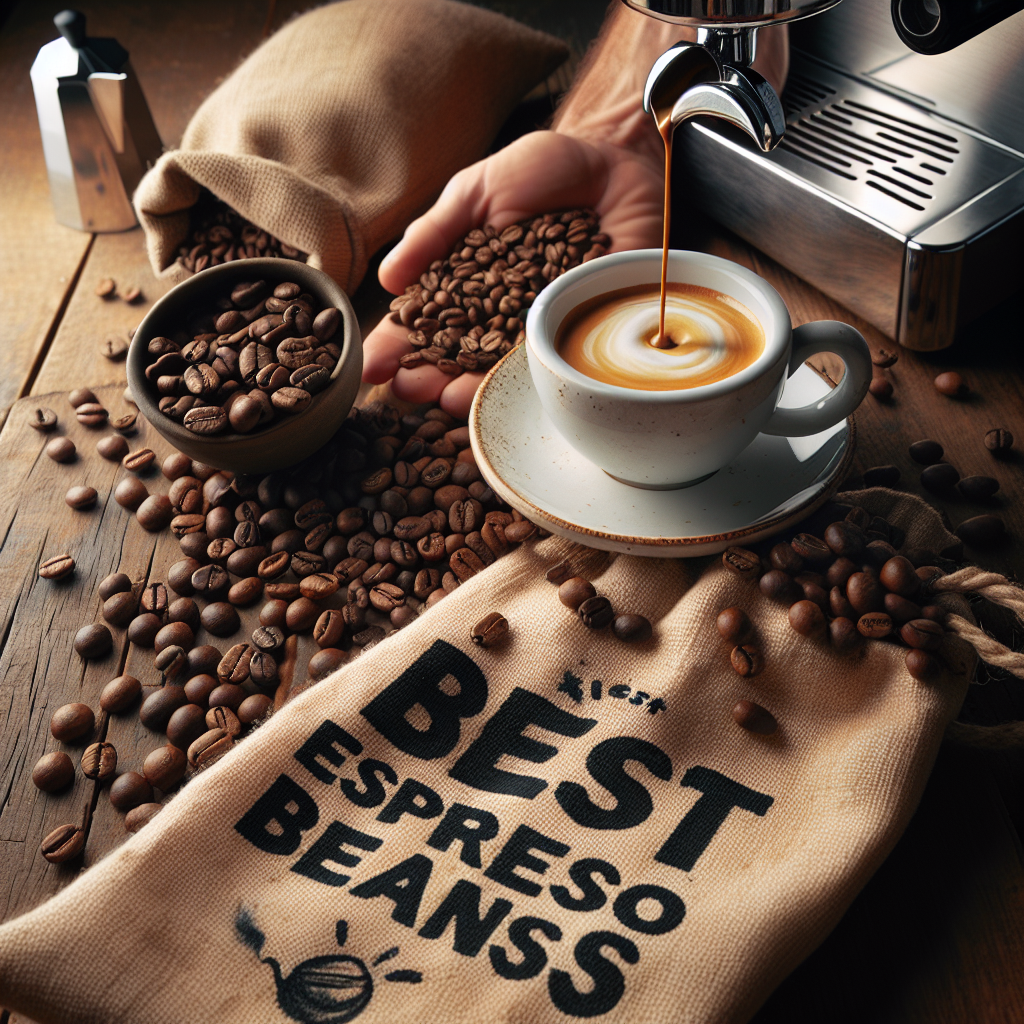 Freshly brewed espresso pouring into a cup surrounded by coffee beans and a burlap sack labeled "Best Espresso Beans."
